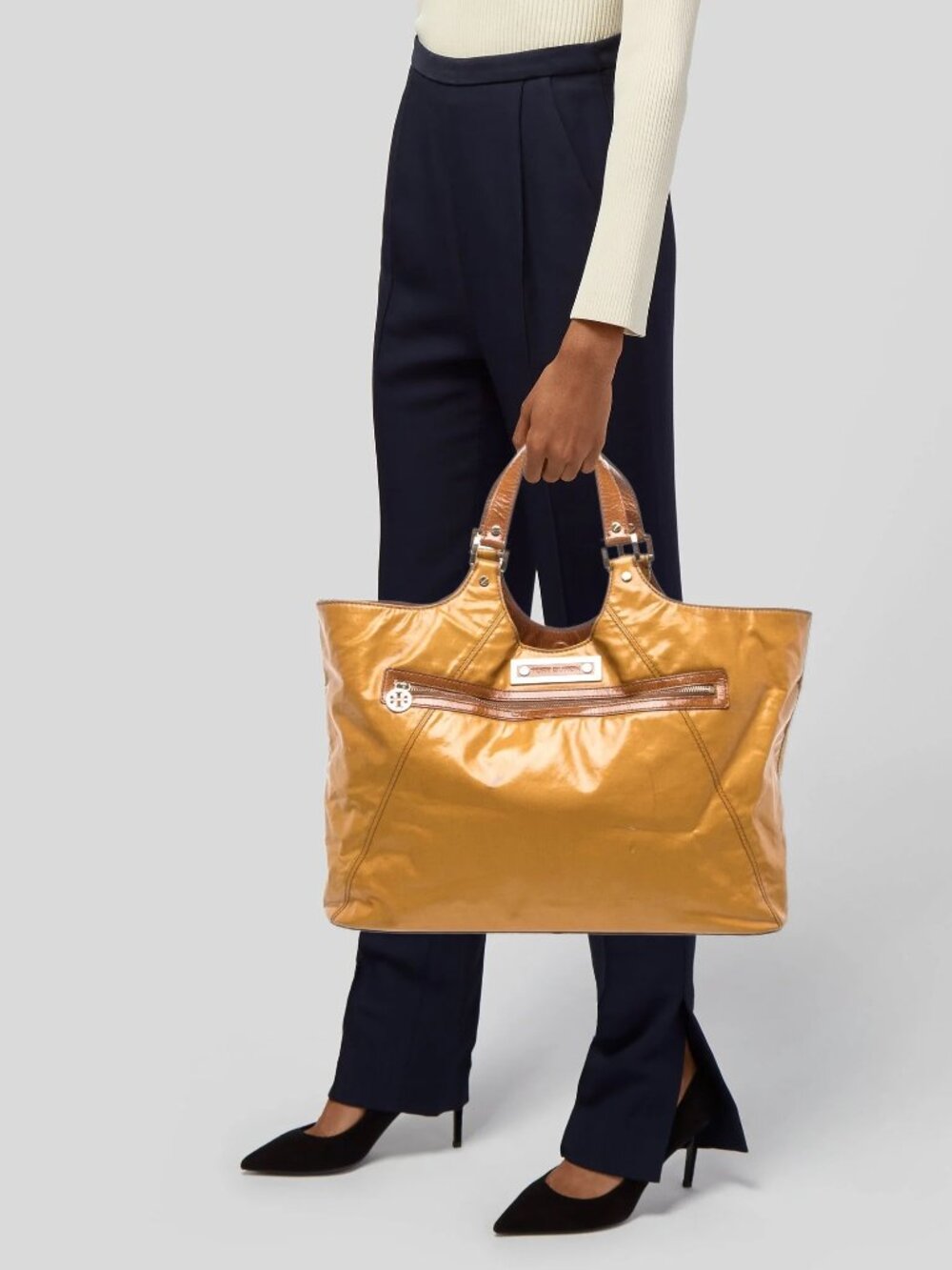 TORY BURCH~Brewster Tote~Extra Large Coated Canvas Leather Bag - Yellow/Tan/Gold